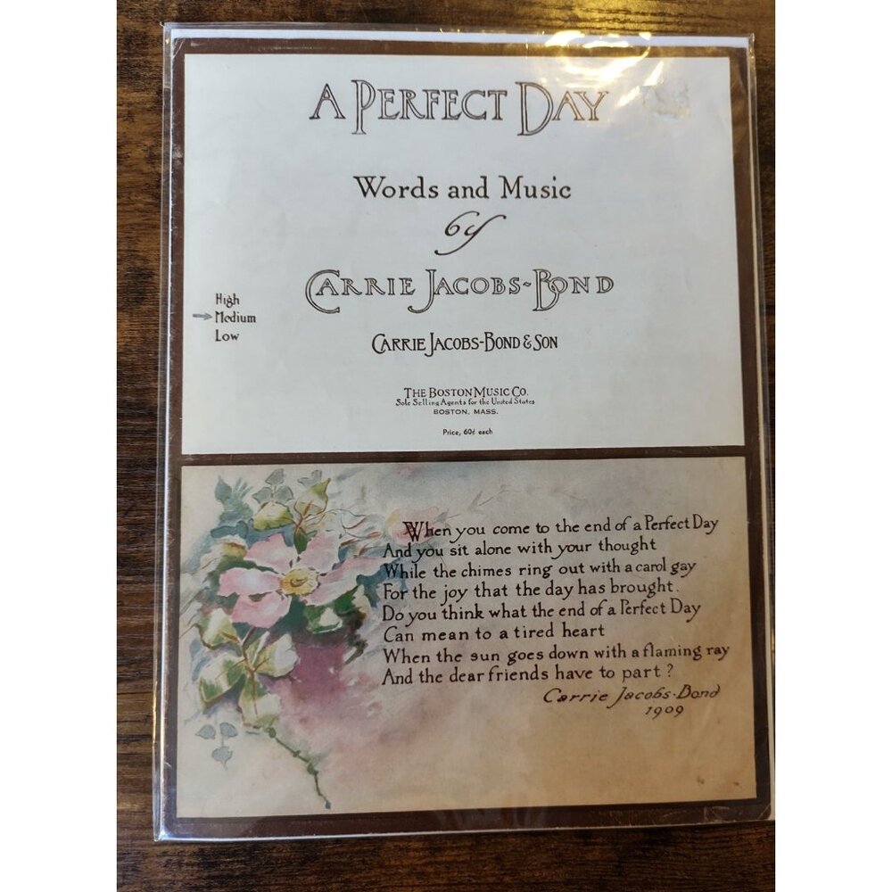 A Perfect Day Carrie Jacobs Bond Early 1900s Boston Music Co Vintage Sheet